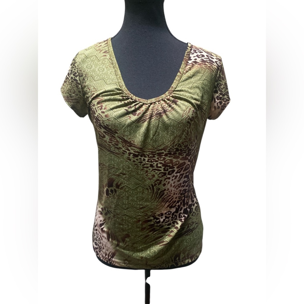 Suzie In The City Olive and Brown Patterned Blouse GUC M